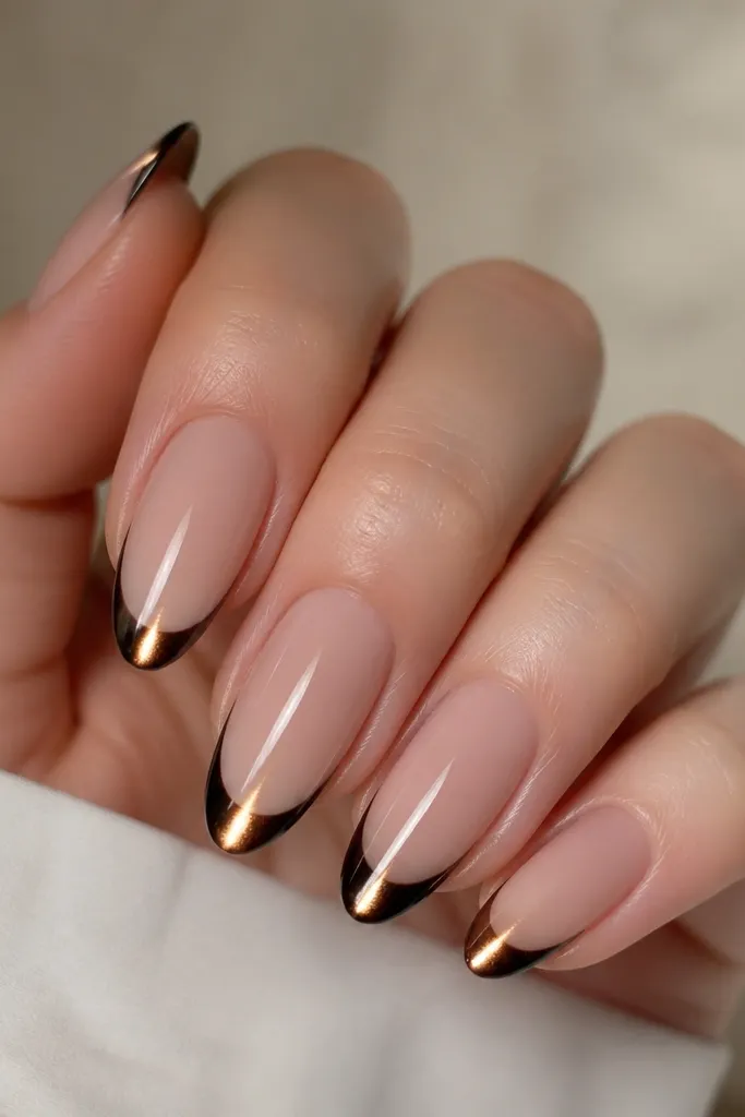 Five almond nails with a sheer nude base, a very thin black French tip line (about 1-2 mm), and a bright magnetic cat-eye stripe in the center of the black tip area. The stripe looks like a vertical beam, glossy and sharply defined.