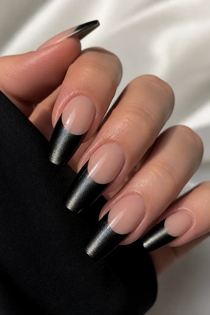 Coffin nails with a nude base and a thicker black French tip that forms a clean half-moon curve. The cat-eye effect is strongest in the upper half of the black tip, with a bright vertical stripe tapering slightly toward the free edge.