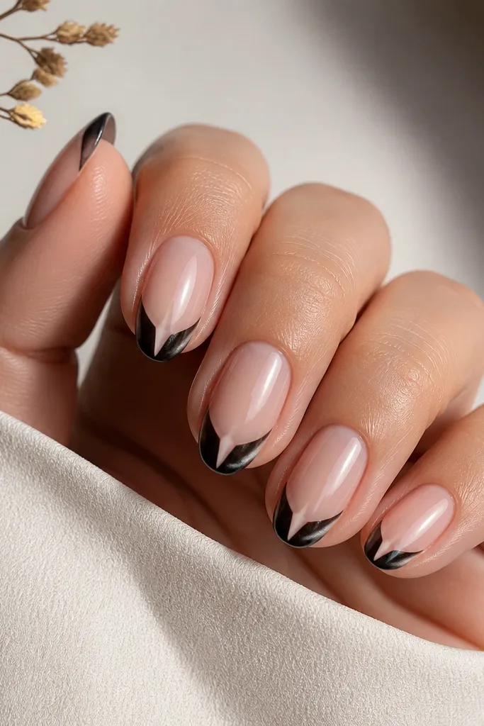 Short almond nails with nude base and black cat-eye French tips. Each nail has two clear negative-space V shapes on both sides near the smile line, while the center black area still shows a vertical cat-eye stripe.