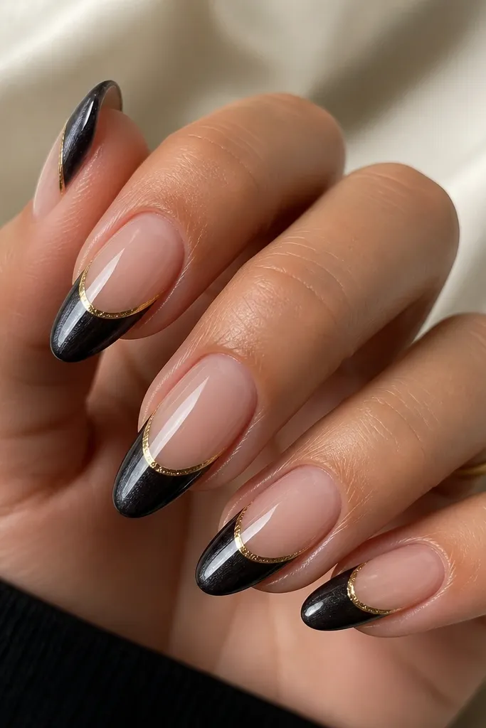 Medium almond nails with nude base and black cat eye French tips. A thin gold foil arc sits just under the smile line, following the curve, while the cat-eye stripe stays centered in the black tip. Everything is glossy.