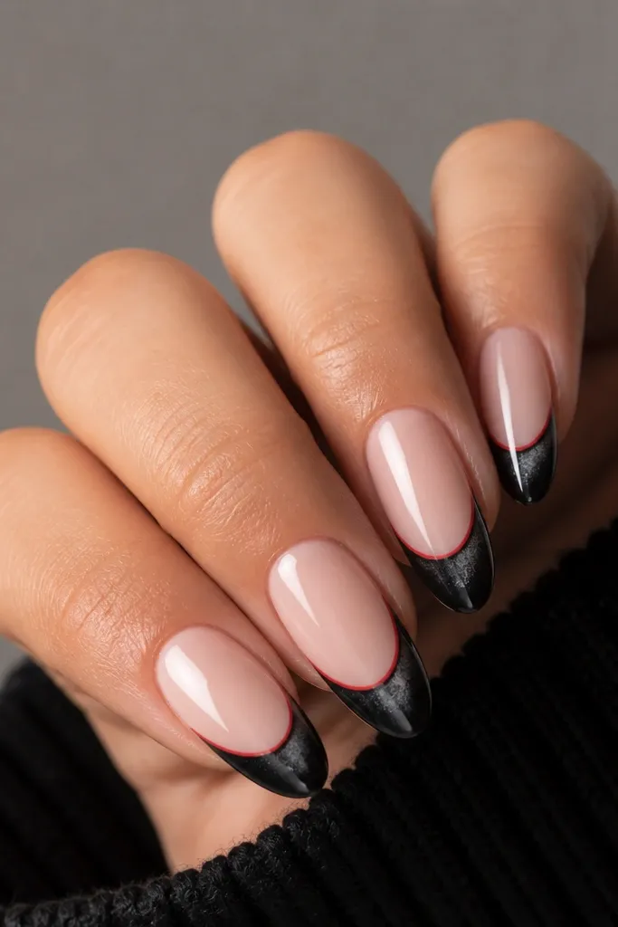 Almond nails with nude base and black cat eye French tips. Along the smile line, there's a thin red outline that traces the curve, and the cat-eye stripe runs vertically through the black. High gloss finish.