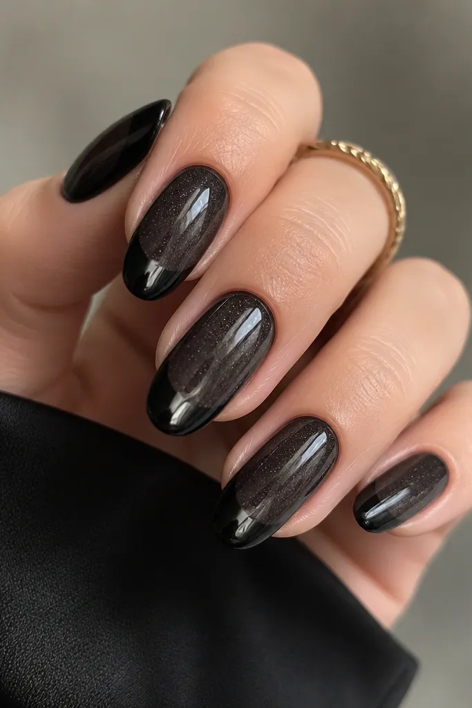 Medium oval nails with a sheer black jelly base that shows faint shimmer. The French tip is deeper black with a centered cat-eye stripe, and the overall look has a glossy, glassy shine.