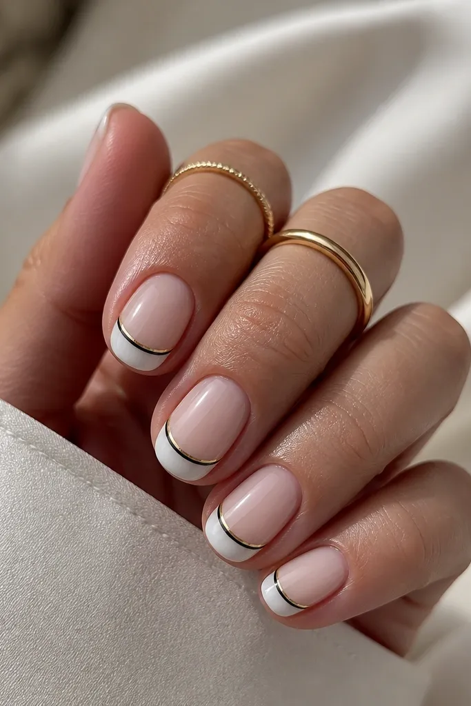 Short oval nails with a milky white French tip. The white tip has a thin black outline along the outer edge, and a narrow gold strip sits right at the tip line. One accent nail shows the same outline with a tiny gold dot near the corner.