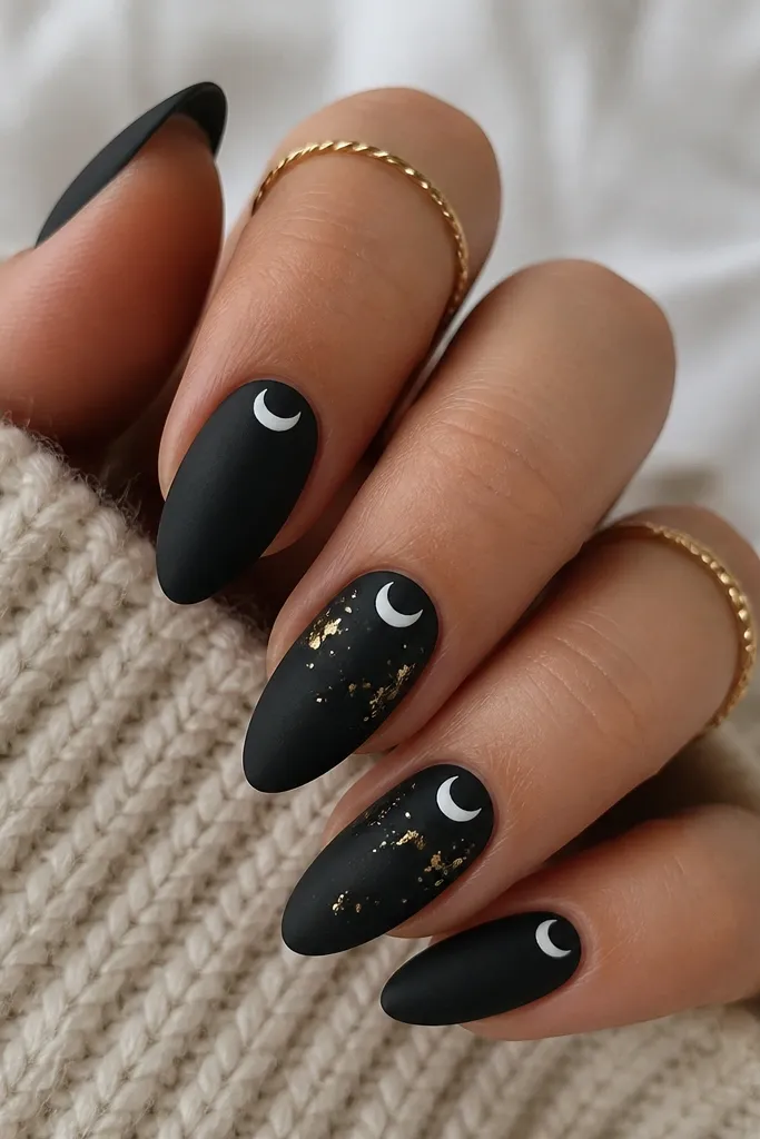 Medium almond nails. Most nails are matte black. Each nail has a small white crescent moon near the cuticle (half-moon shape), and a few nails include tiny irregular gold foil flecks scattered around the moon area.