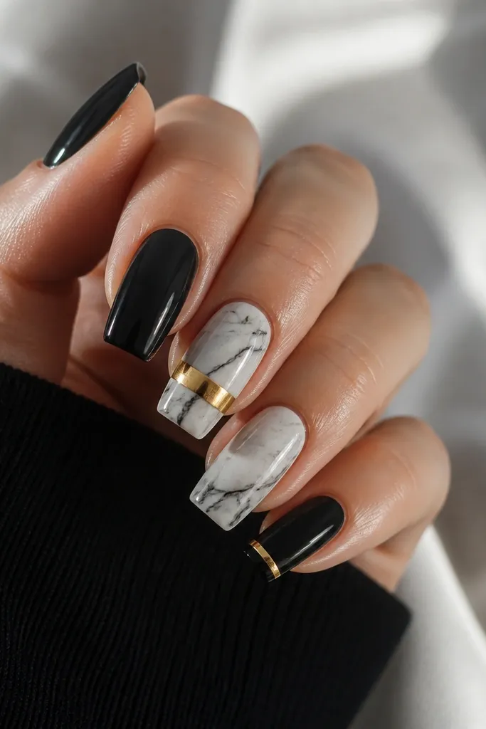 Long squoval nails. Base is glossy black on all nails. Two accent nails show white marble swirls with thin black veining. On one nail, a chrome gold ring stripe curves around the middle like a band, and the rest has a single thin gold line near the tip.
