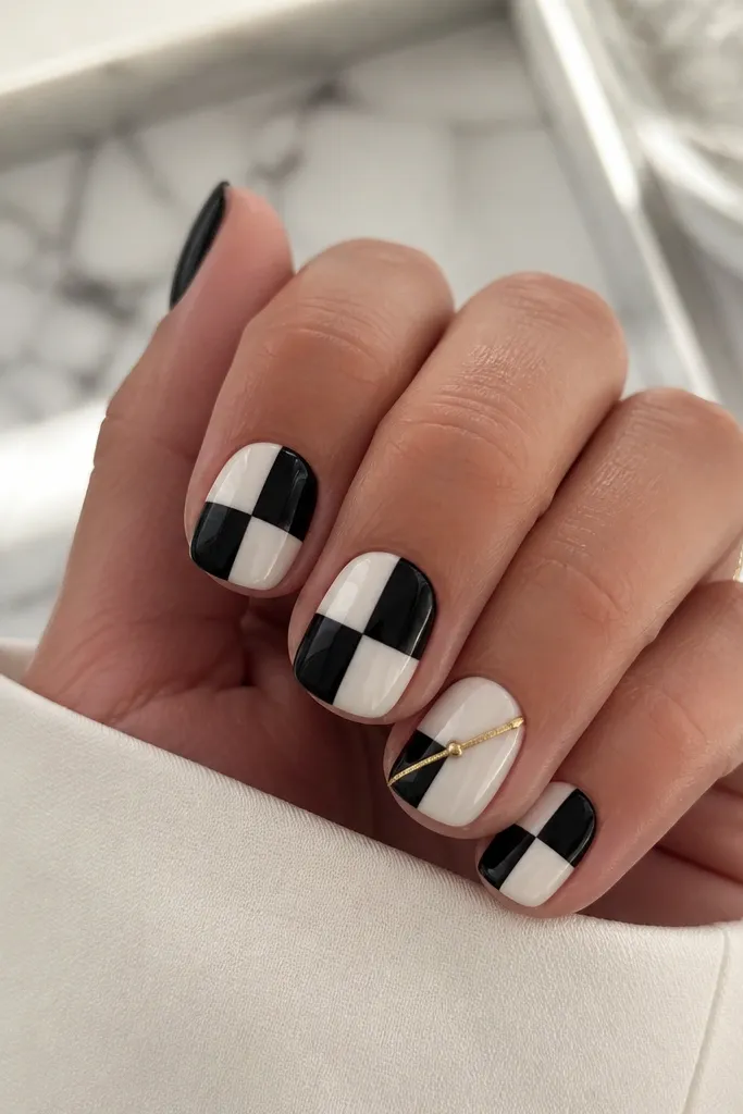 Short-to-medium square nails. Alternating black and white squares fill most of the nail. One accent nail has a single diagonal gold stripe running from lower left to upper right, and a tiny gold dot at the center of the stripe.