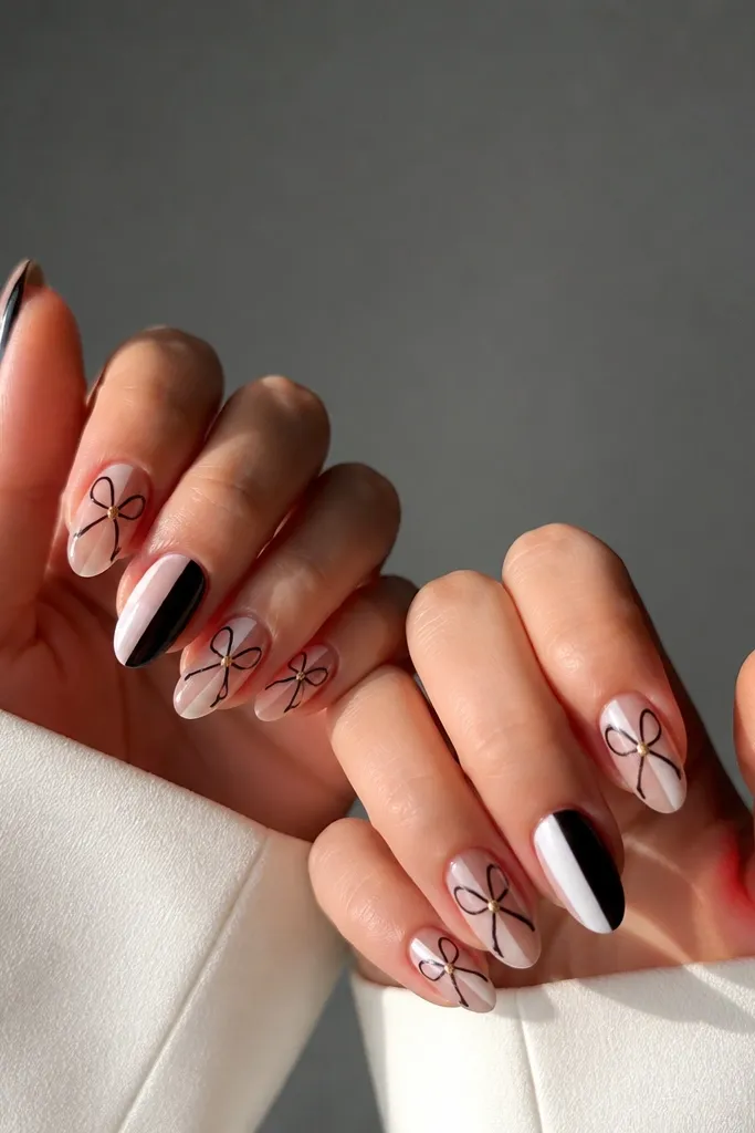 Medium almond nails. Two nails are half black, half white vertically. Others are mostly transparent with a black bow tie outline in the center. The bow has a small gold knot at the center, and the rest of the nail is clean with minimal coverage.