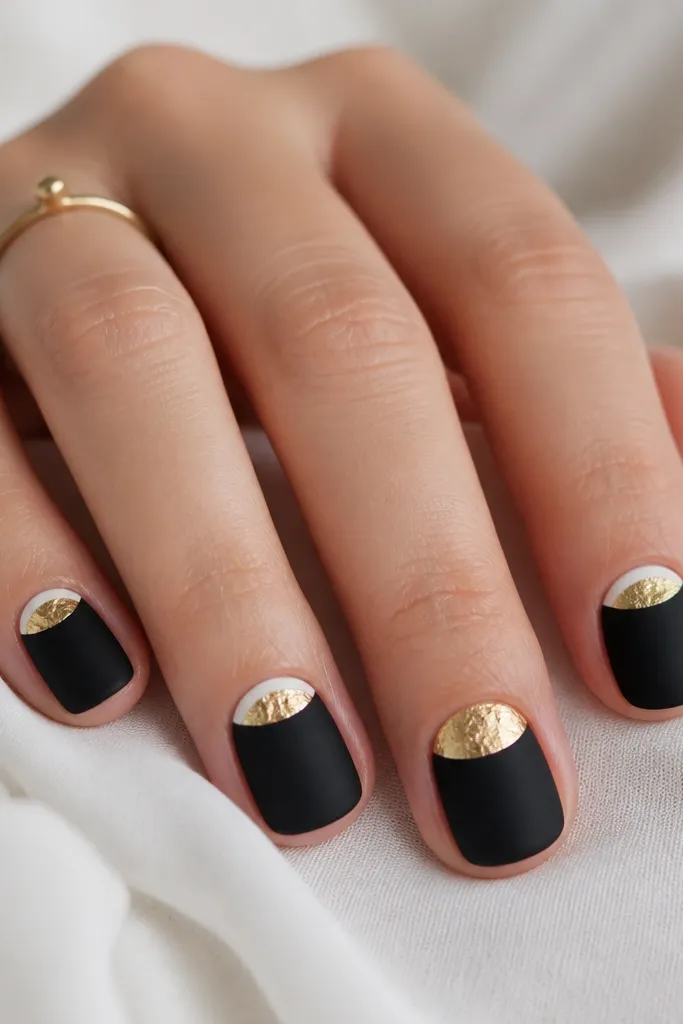 Short round nails. Bottom half is matte black, top edge has a thin creamy white border. At the cuticle area, a half-moon of gold leaf sits like a crescent, with irregular leaf edges. One nail has the same half-moon but with more gold leaf coverage.