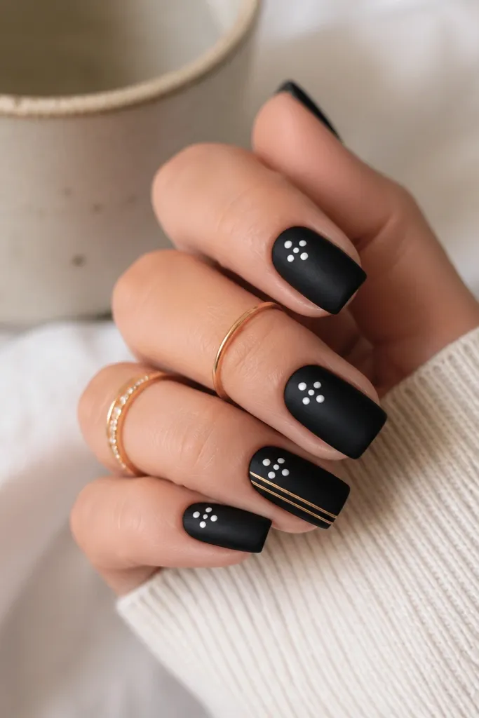 Medium square nails. Base is satin black. Each nail has a cluster of 5-7 white dots near the center and slightly toward the cuticle. Thin gold micro-lines run vertically along one side of the nail on one or two accents.
