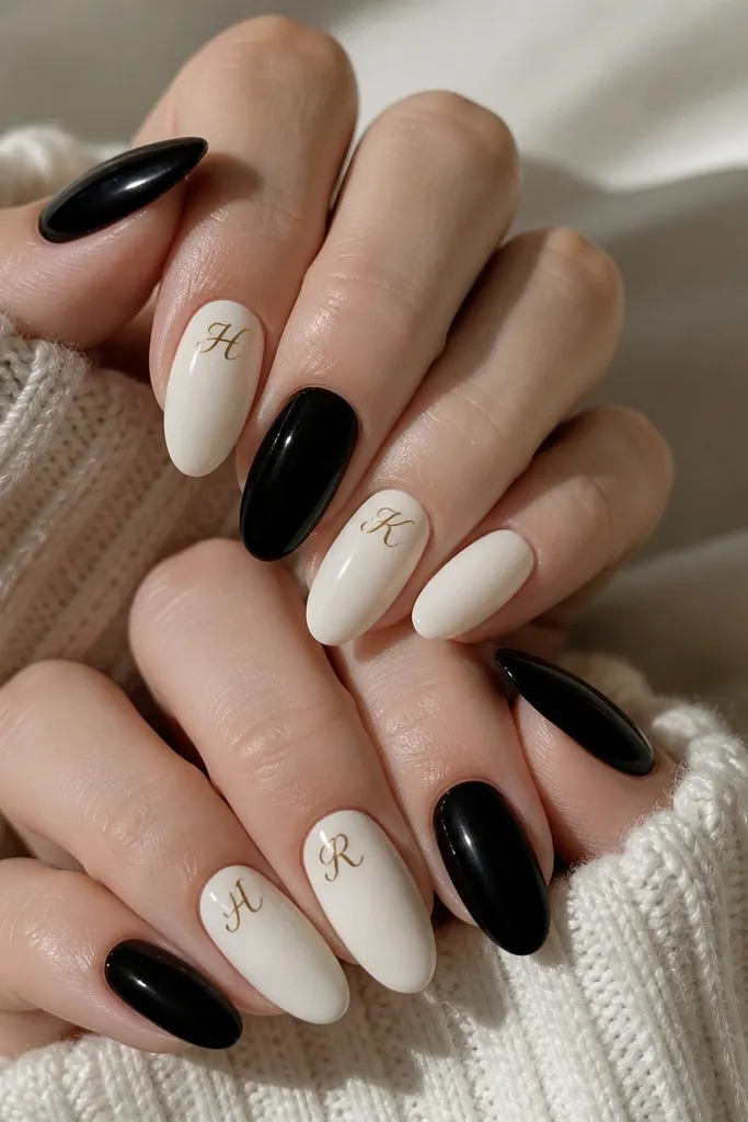 Assorted nails. Two nails are solid black, two are solid creamy white, and the rest alternate. On each accent nail there is a gold script letter near the cuticle area, with thin strokes. The gold looks like metallic paint or chrome gel.