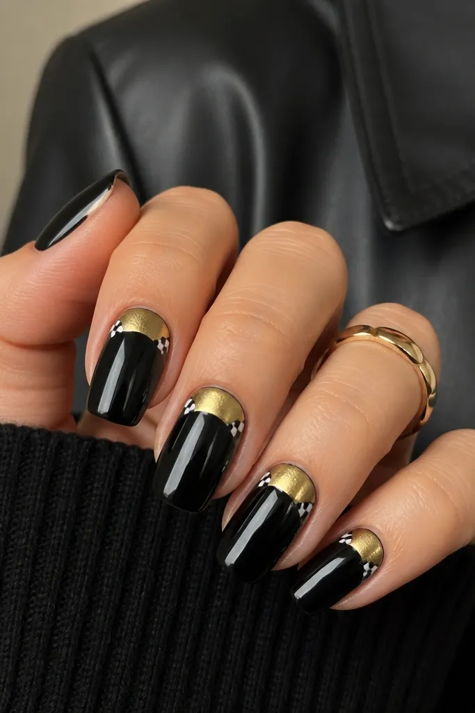 Long squoval nails. Reverse French: the base is black, and the upper half near the cuticle has a gold chrome arc. At the side corners near the cuticle, there are tiny black-and-white checker corner accents. White appears only in the corner squares.