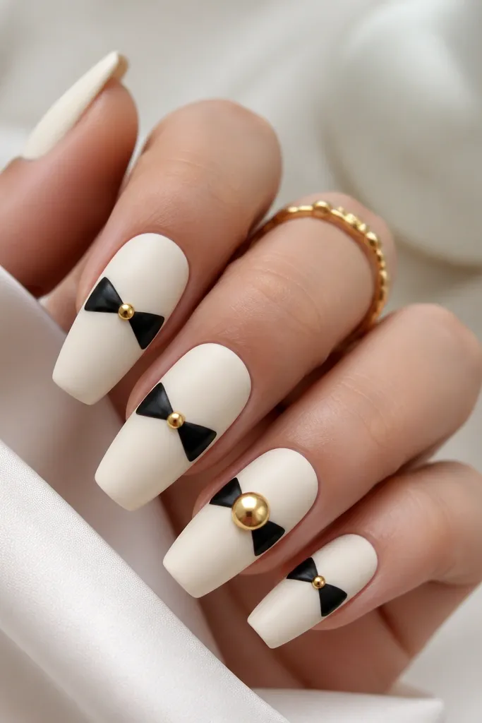 Coffin nails with matte creamy white base. On each nail, a black half-knot shape sits across the middle like a ribbon fold. The knot has a small gold center dot, and edges of the knot are slightly rounded. One accent nail has a bigger gold dot.