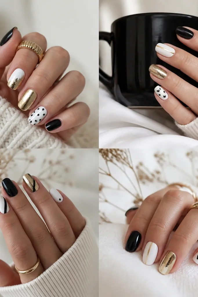 Cozy black, white, and gold nail looks
