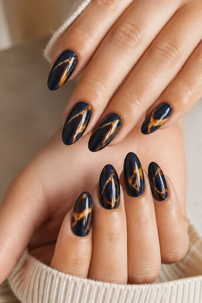 Ten nails in a glossy almond shape. Each nail has a deep ink navy base. The tortoise pattern shows warm honey-gold and camel-brown wavy veins that curve from near the cuticle toward the center, with thin highlights and clean edges at the sidewalls.
