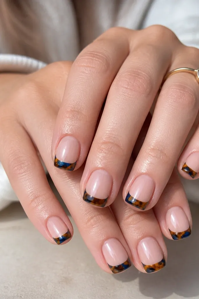 Ten glossy short square nails. The base is sheer nude-pink. The tips are tortoise French: warm amber-brown shell shapes on a deep blue tip area, with tiny micro amber lines inside the shell pattern. The smile lines are crisp and even.