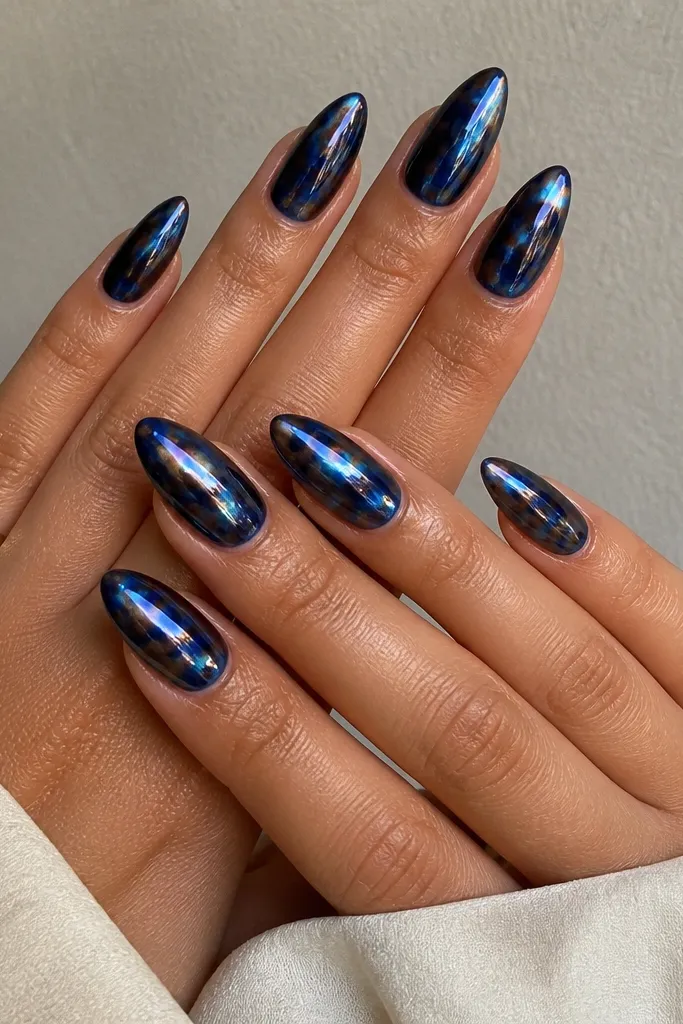 Ten glossy almond nails. Base is cobalt blue. Over it, tortoise shapes are painted in dark brown, then a thin layer of holographic chrome is buffed lightly so it catches on the tortoise ridges. The tips look slightly brighter with a reflective sheen.