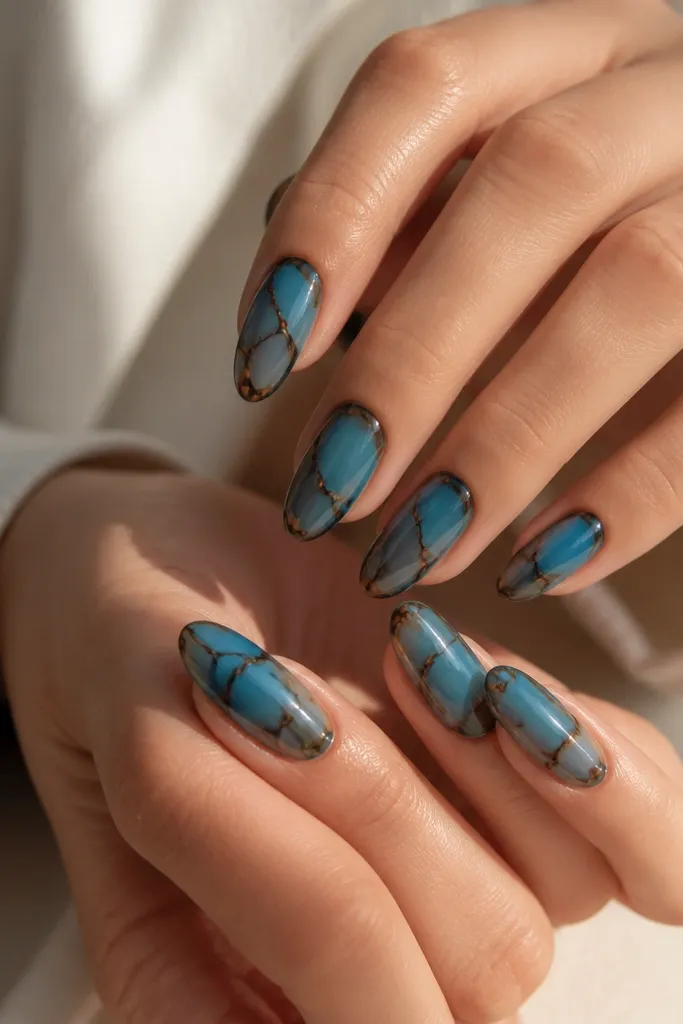Ten glossy medium almond nails. The base is a translucent teal-blue jelly, so you can see a soft glow under the color. Amber-brown tortoise lines are thin and layered, creating a delicate shell outline rather than filled shapes.
