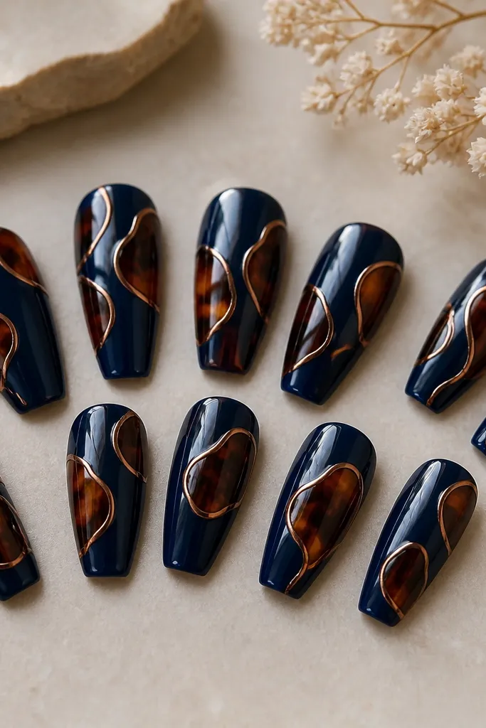 Ten glossy coffin nails. The base is navy blue. Tortoise shapes are drawn in warm brown, and every shape has a thin copper frame line along its outer edge. The copper catches light like a thin outline sticker.