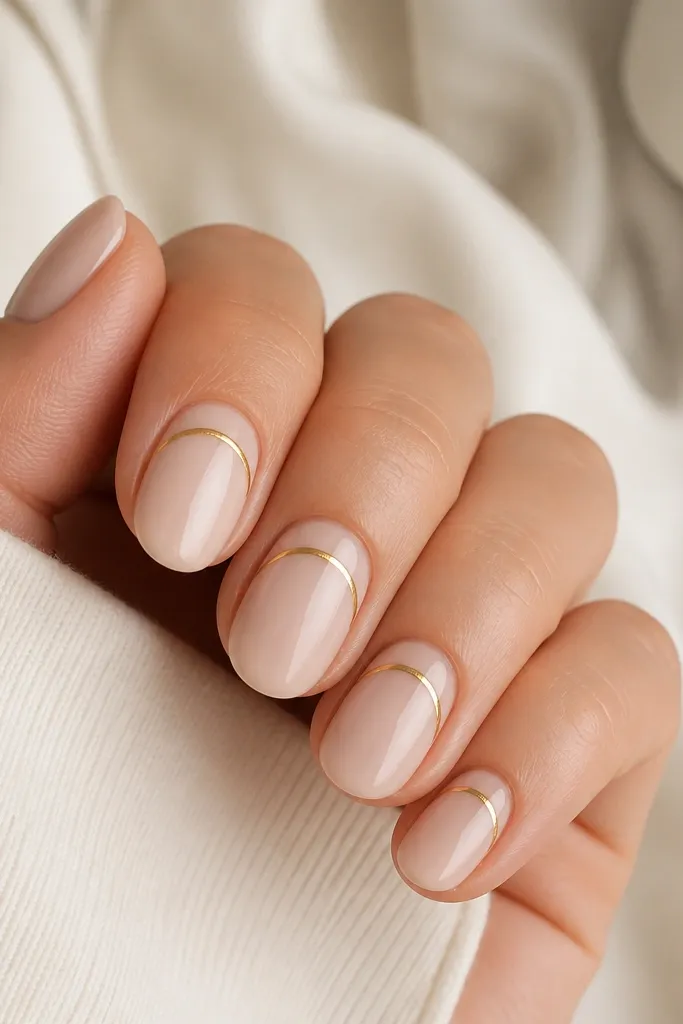 Short oval nails painted milky nude. On each nail, a thin champagne-gold arc sits just above the center, curving from sidewall to sidewall. The rest of the nail is clean and glossy, with no other decoration.
