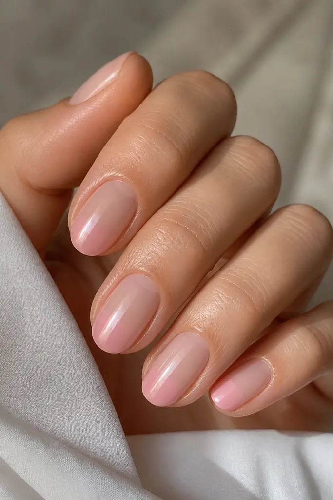 Short oval nails with a soft French fade. The base is sheer nude. The tips fade from nude into blush pink, with no hard line, and everything is glossy.