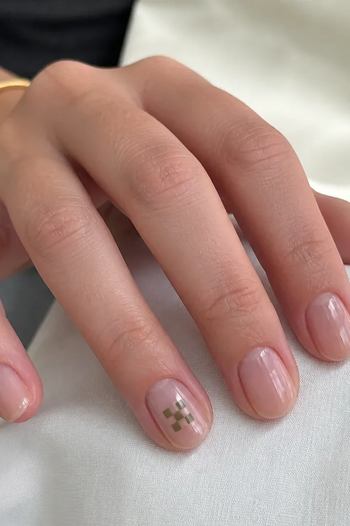 Short oval nails with a clear jelly base. The ring finger has tiny olive micro-check squares near the center. Other nails are plain glossy clear jelly.
