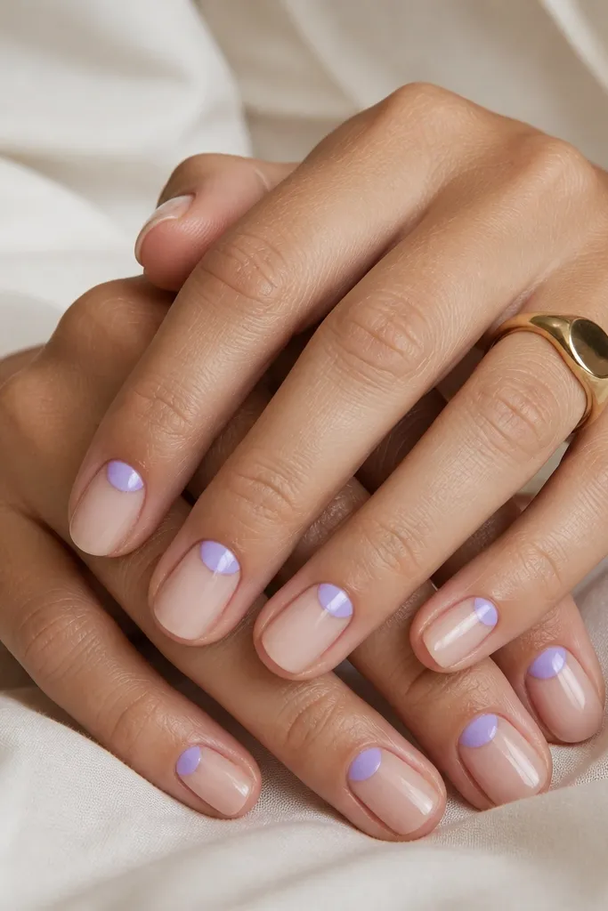 Short oval nails painted sheer nude with an iced lavender half-moon at the cuticle. The half-moon is crisp and glossy, and the rest of the nail is clean.