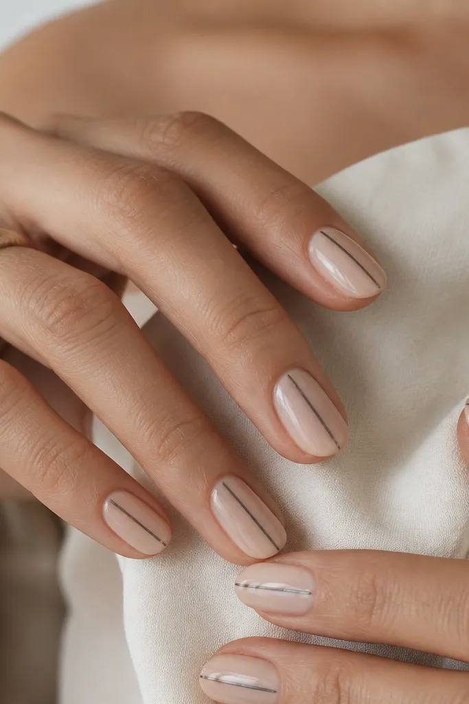 Short oval nails with a nude base. Each nail has a single thin charcoal vertical pinstripe down the center. The line is straight and glossy.