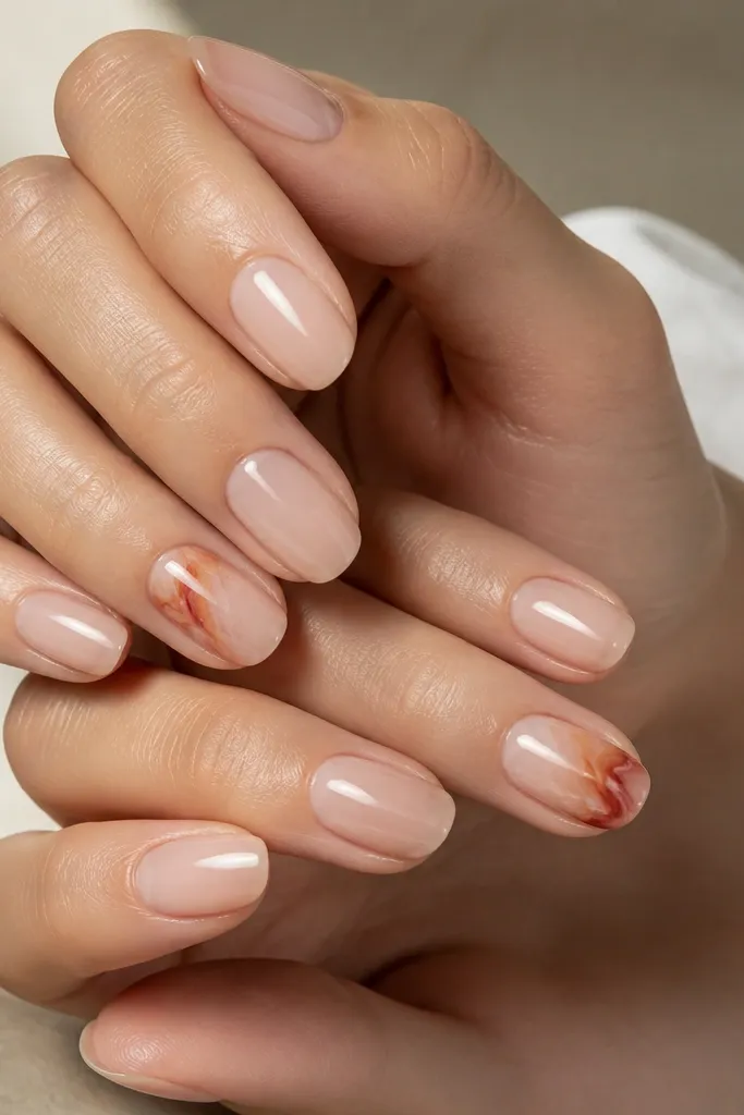 Short oval nails mostly in sheer nude. One or two nails have a terracotta marble swipe: wispy streaks of terracotta and burnt orange on a milky base. Everything is glossy.