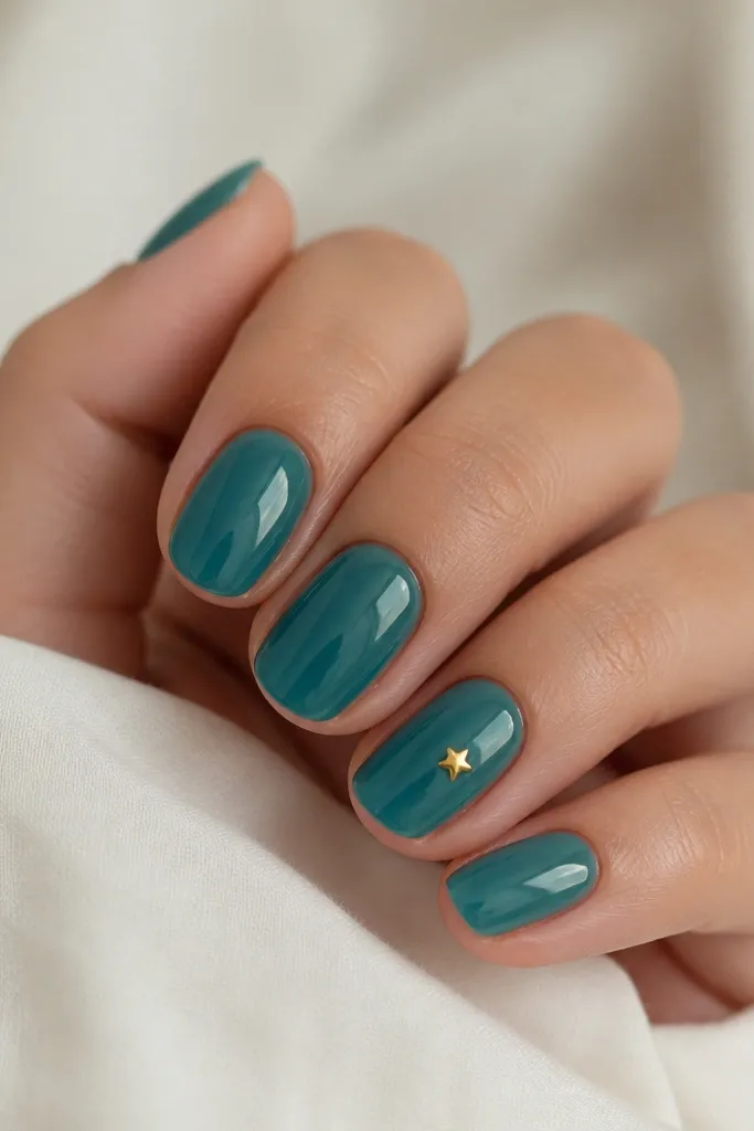 Short oval nails in a teal jelly polish. On the ring finger, there is a tiny gold star dot near the center. The nails are glossy and slightly translucent.