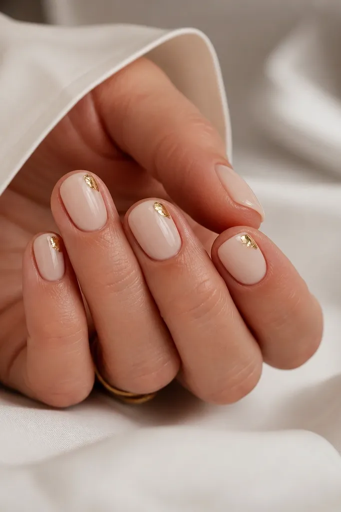 Short oval nails painted creamy nude. On each nail, a small gold foil corner sits at the top outer edge near the cuticle, like a folded metallic leaf. Glossy and clean.
