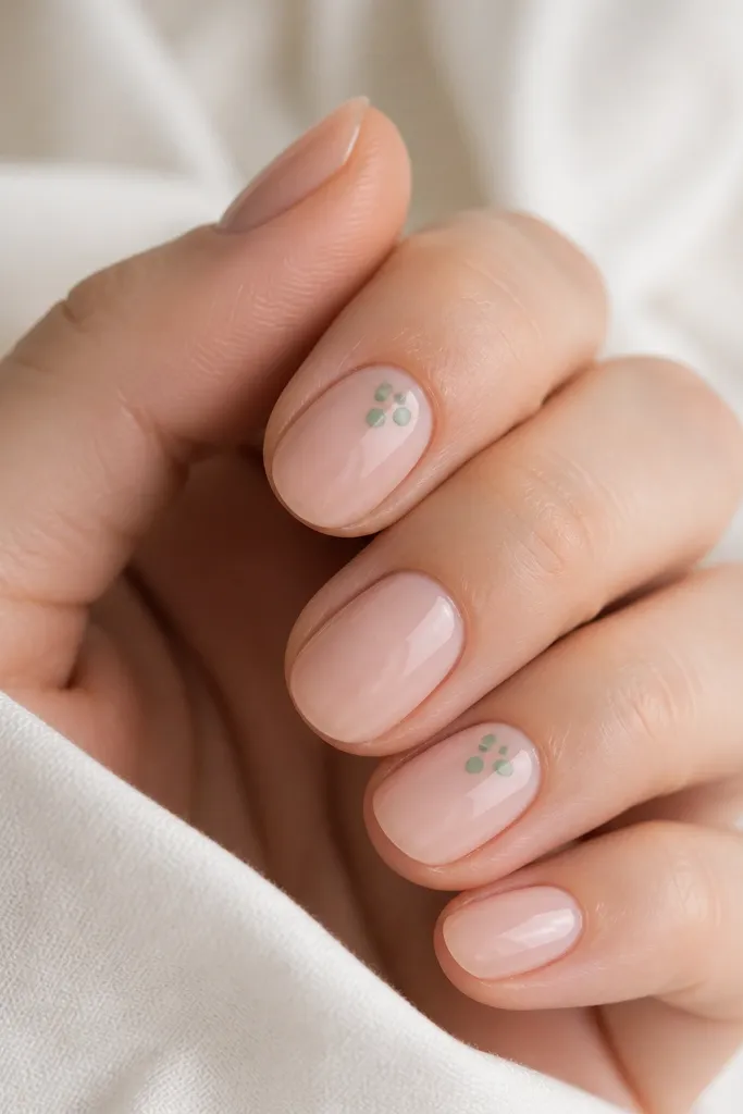 Short oval nails with a nude base. On two accent nails, there is a cluster of sage green dots arranged in a loose triangle near the cuticle. Nails are glossy.