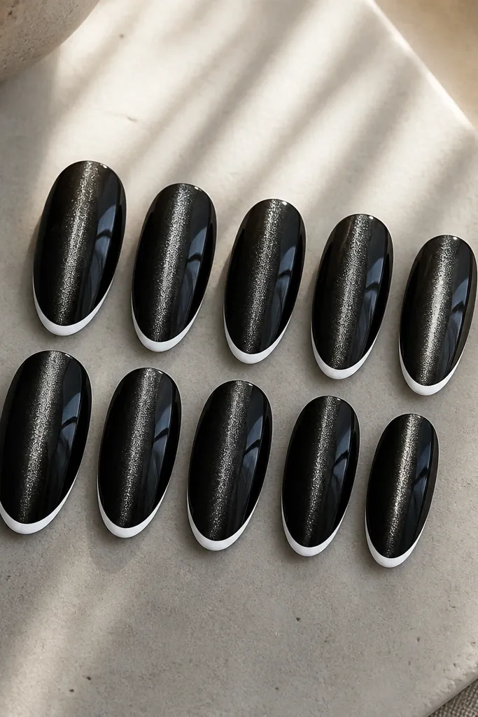 Ten nails with a deep black cat-eye base. The shimmer line runs straight through the center of each nail, and the French tips are thin, bright white arcs that stay narrow and crisp.
