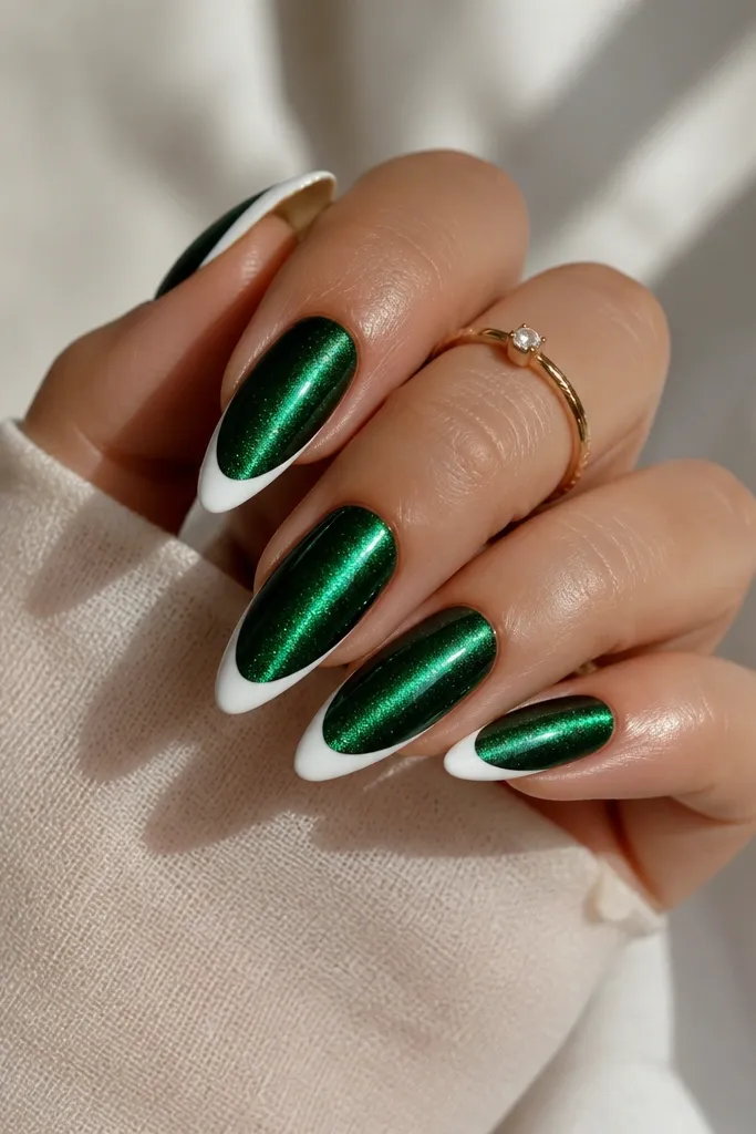 Emerald green cat-eye nails with a strong vertical shimmer thread. The French tips are bright glossy white with a high-shine finish, and the edges look sharply defined.