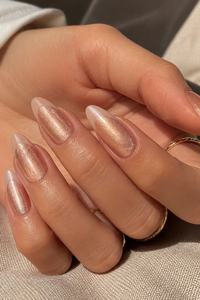 Rose gold cat-eye nails with a warm metallic shimmer thread. The French tips are nude pink, semi-opaque, with a smooth, clean arc.