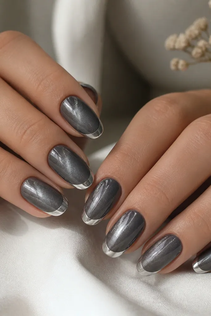 Grey cat-eye nails with a centered shimmer line. The French tips are silver, and on each nail there is a tiny side sweep shimmer line near the left side of the tip.