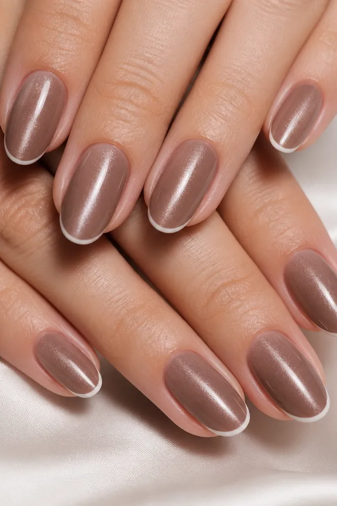 Ten nails with a smoky taupe cat-eye base showing a narrow silver-gray magnetic stripe. The french tips are ultra-thin, crisp white lines at the very outer edge, leaving most of the nail nude.