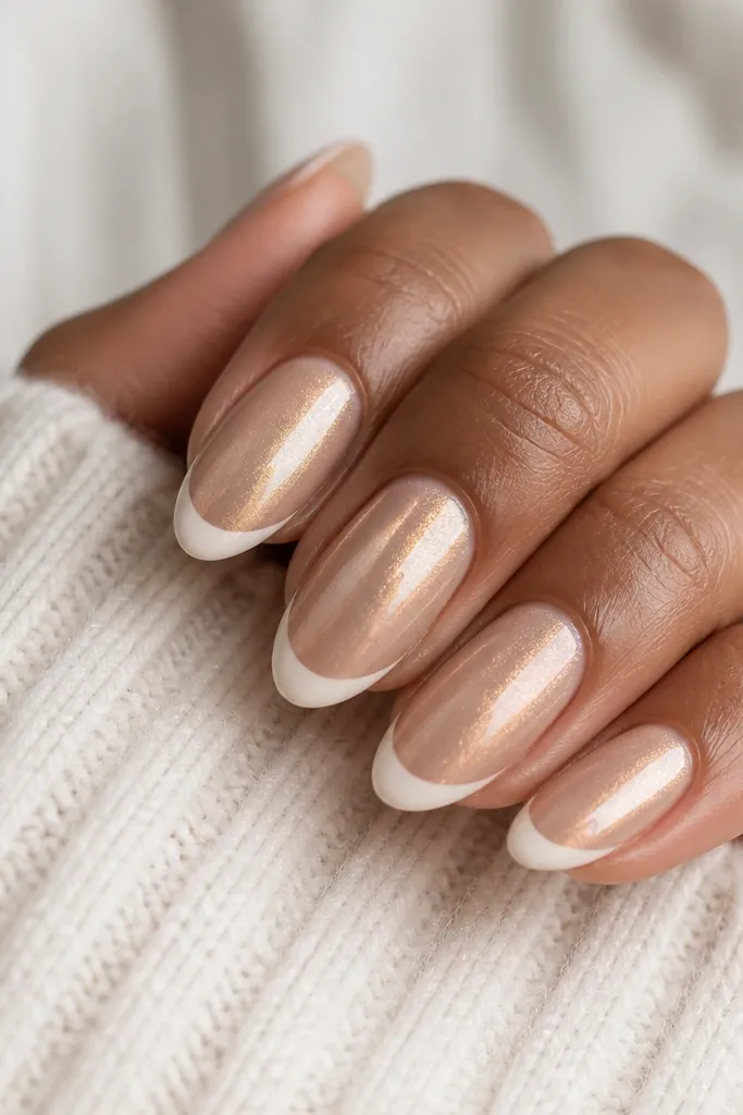 Nails in a champagne cat-eye base with a warm gold stripe. French tips are a creamy off-white with a soft smile curve, thinner at the center and slightly thicker at the sides.