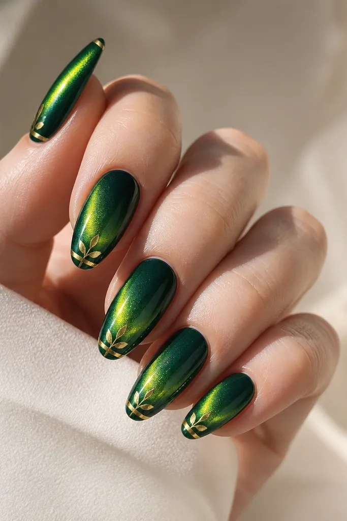 Emerald green cat-eye nails with a bright green-to-gold magnetic stripe. French tips are a thin gold line with tiny micro-leaf accents at the corners.