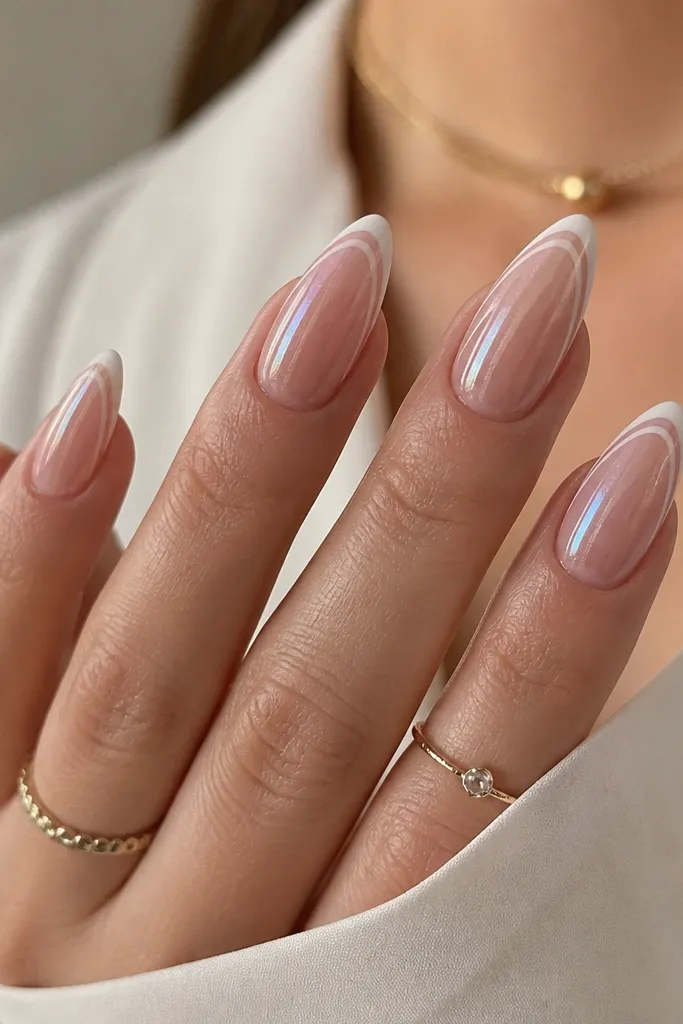 Nude rosé cat-eye nails with a fine pink magnetic stripe. French tips are two-tone: a thin pale pink band at the base of the tip and a white outer edge line.