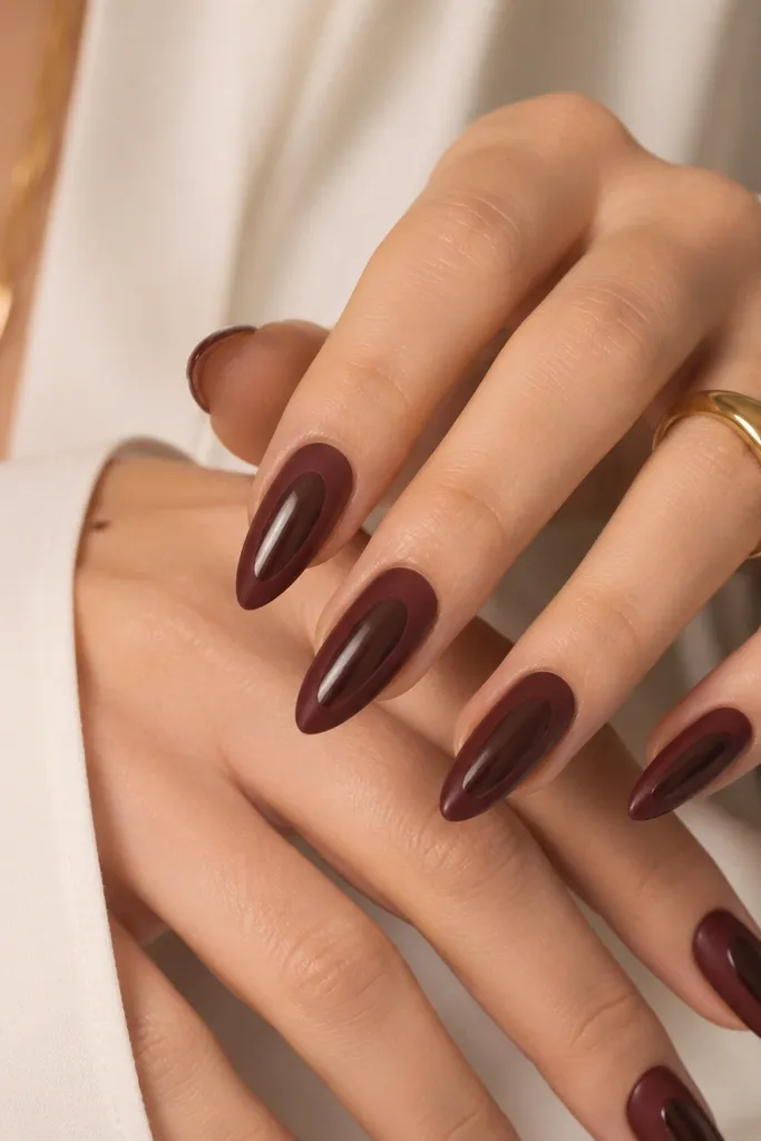 Burgundy cat-eye nails with a deep wine stripe that looks slightly glossy. The french tips are matte burgundy-wine edges, with the stripe area on the nail still glossy.