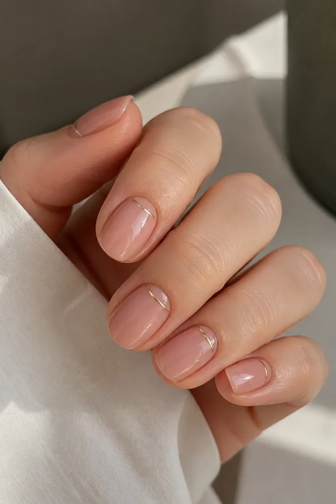 Short squoval nails in a sheer rosy nude. On each nail, there is a thin gold line forming a small arc near the cuticle, with clean negative space between the line and the nail edge. Glossy finish.
