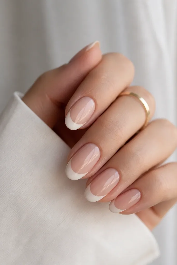 Medium short almond nails with a nude base. The tips are cream white in a smooth curved French shape, not stark. A high-gloss top coat reflects light evenly across all nails.