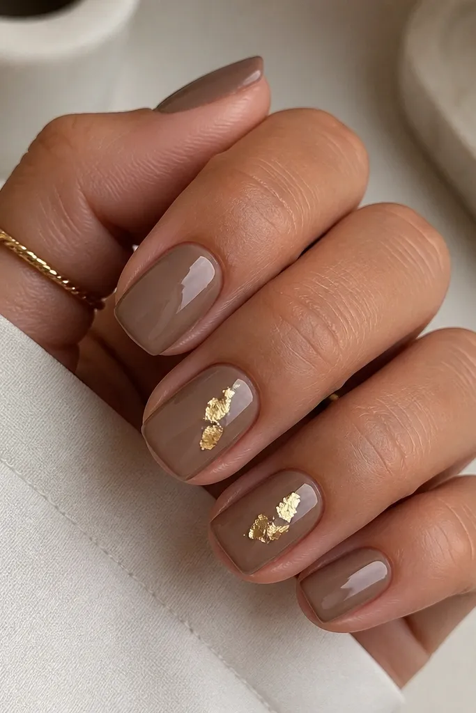Short squoval nails painted in a warm latte brown cream. On two accent nails, there are irregular micro pieces of gold foil near the center, with glossy top coat smoothing over the foil.