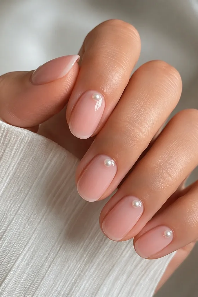 Nails painted with a glossy blush jelly polish. Each nail has one tiny pearl dot placed near the cuticle on the center line. Clean cuticles and glossy shine.