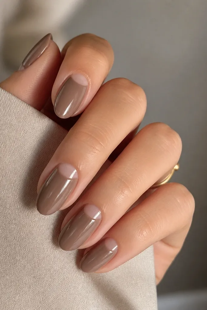 Short almond nails in a mocha nude cream. A half-moon negative space sits at the cuticle, leaving the nail center painted but the cuticle area clear. Glossy top coat.