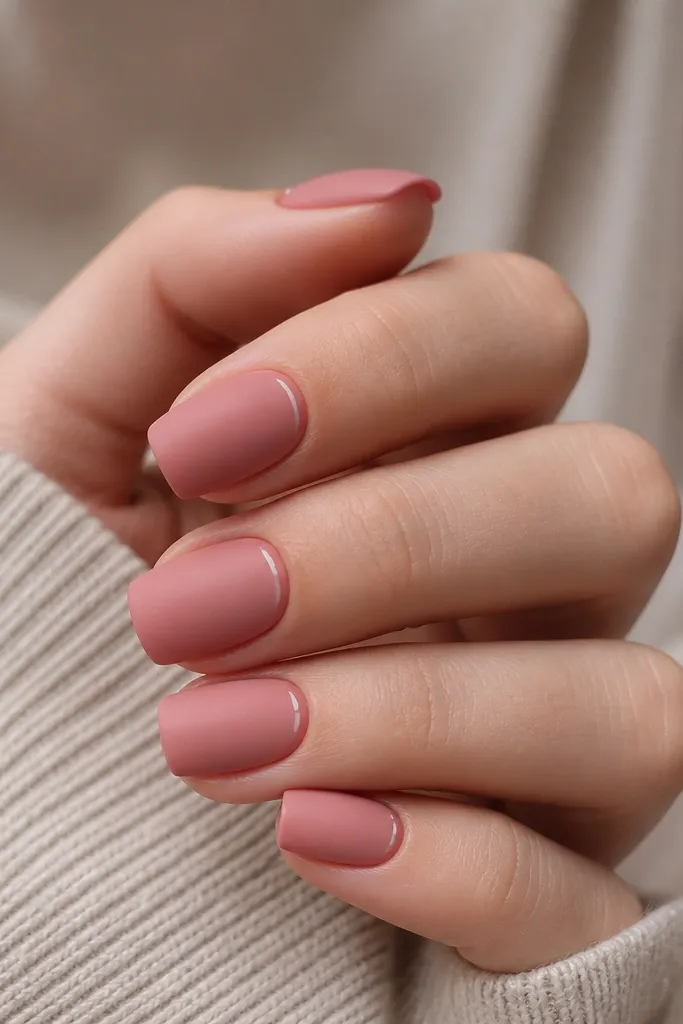 Medium squoval nails painted rose pink. The nails are matte overall. A thin glossy line runs along the cuticle curve on each nail, creating a subtle shine contrast.