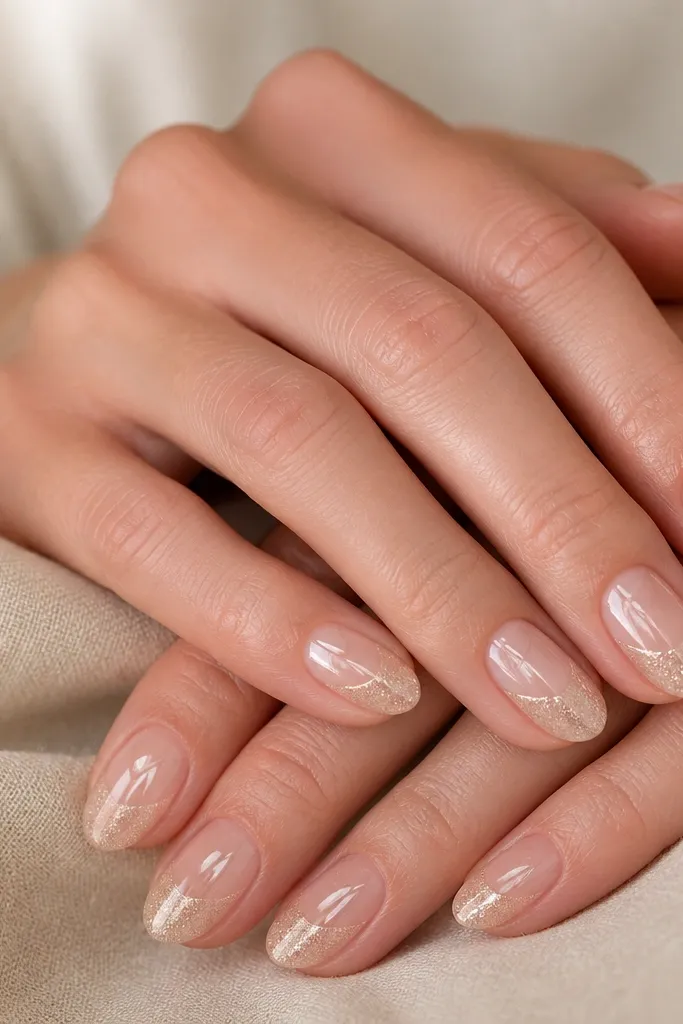 Short almond nails with a sheer nude base. The top half of the nail tip area has champagne shimmer in a half-French shape, leaving the lower tip area nude. Glossy top coat makes the shimmer sparkle.