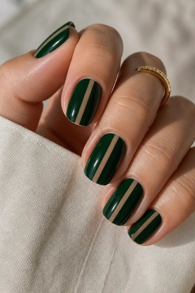 Short squoval nails painted deep emerald green. On each nail, there is one thin nude stripe running vertically down the center or slightly off-center, with glossy top coat.