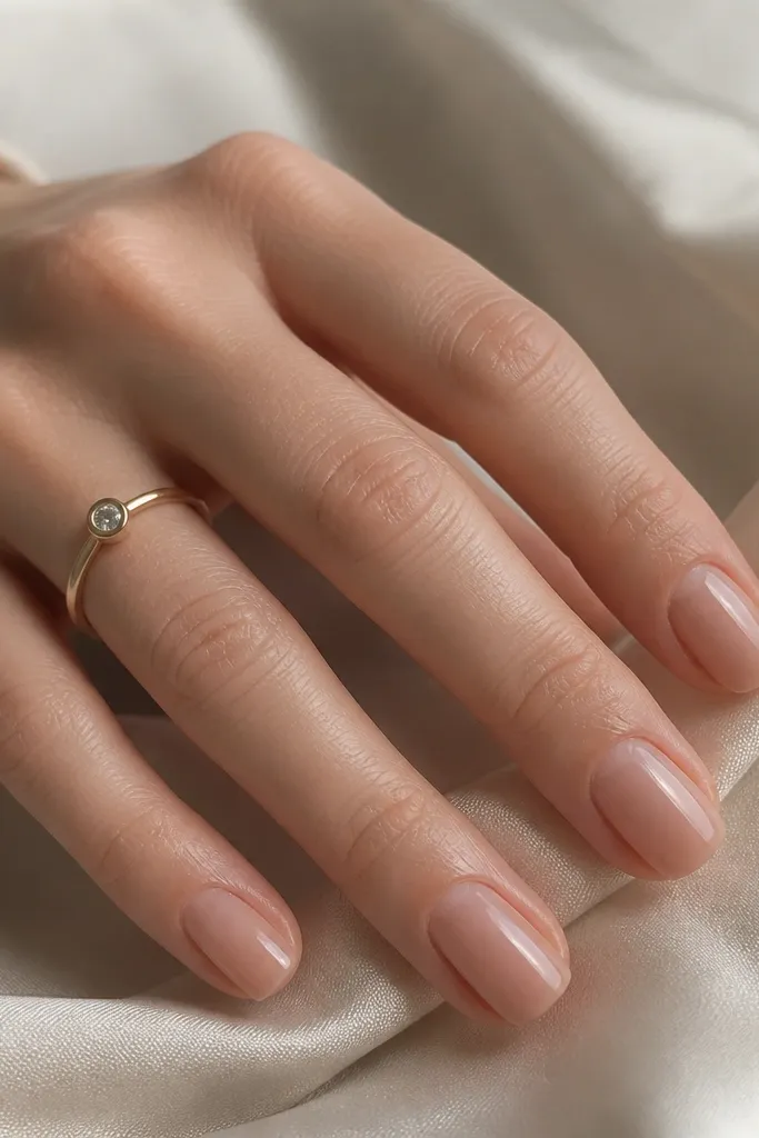 Medium short nails with a smooth nude ombre. The cuticle area is slightly clearer and the tips fade into a deeper nude. The top coat is glassy and reflective.