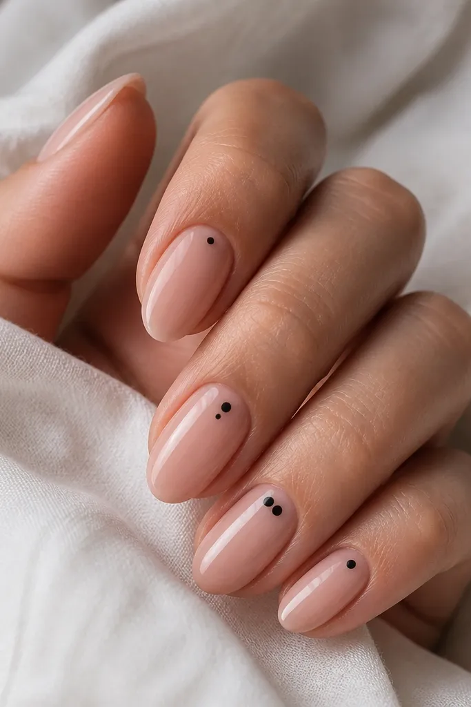 Short almond nails in a nude pink base. Each nail has one or two tiny black dots placed near the cuticle or along the side, with glossy finish. The dots are perfectly round and evenly sized.